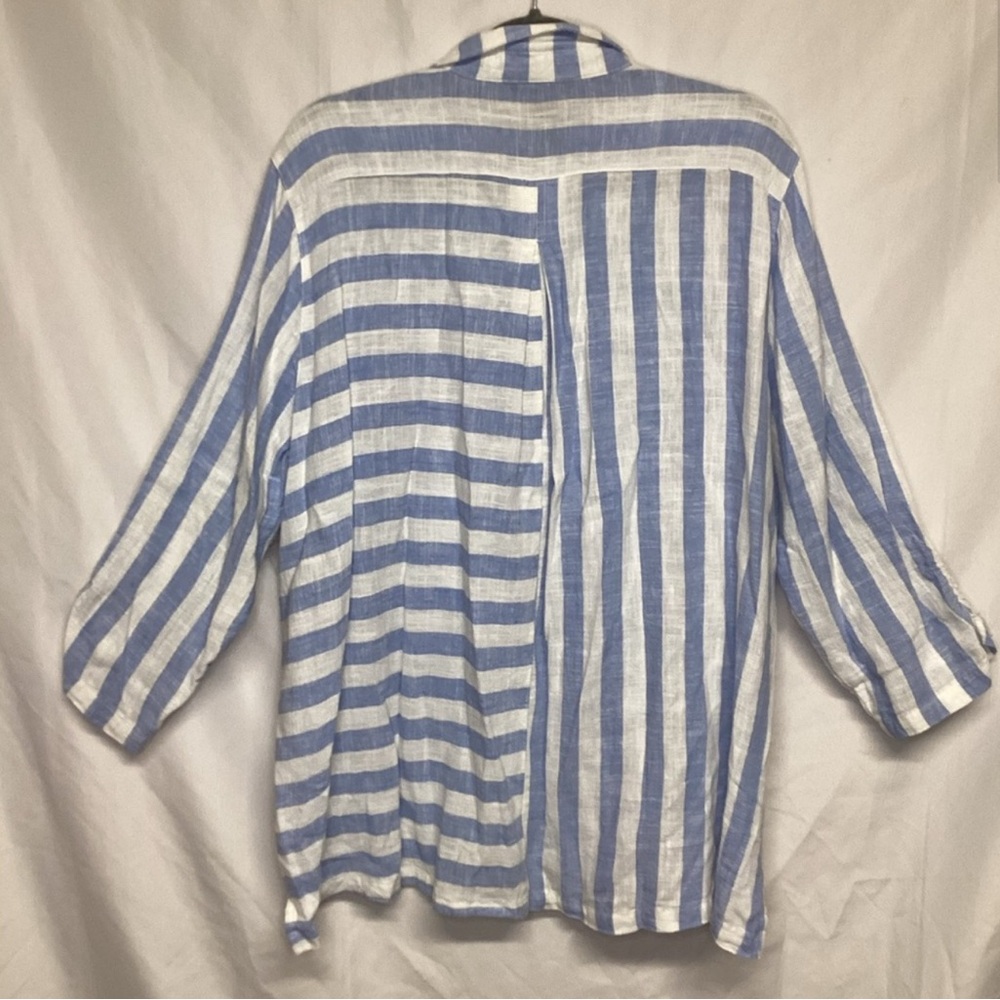 Ali Miles Linen Blend Button Down Striped Top - Large B7 - Picture 2 of 6